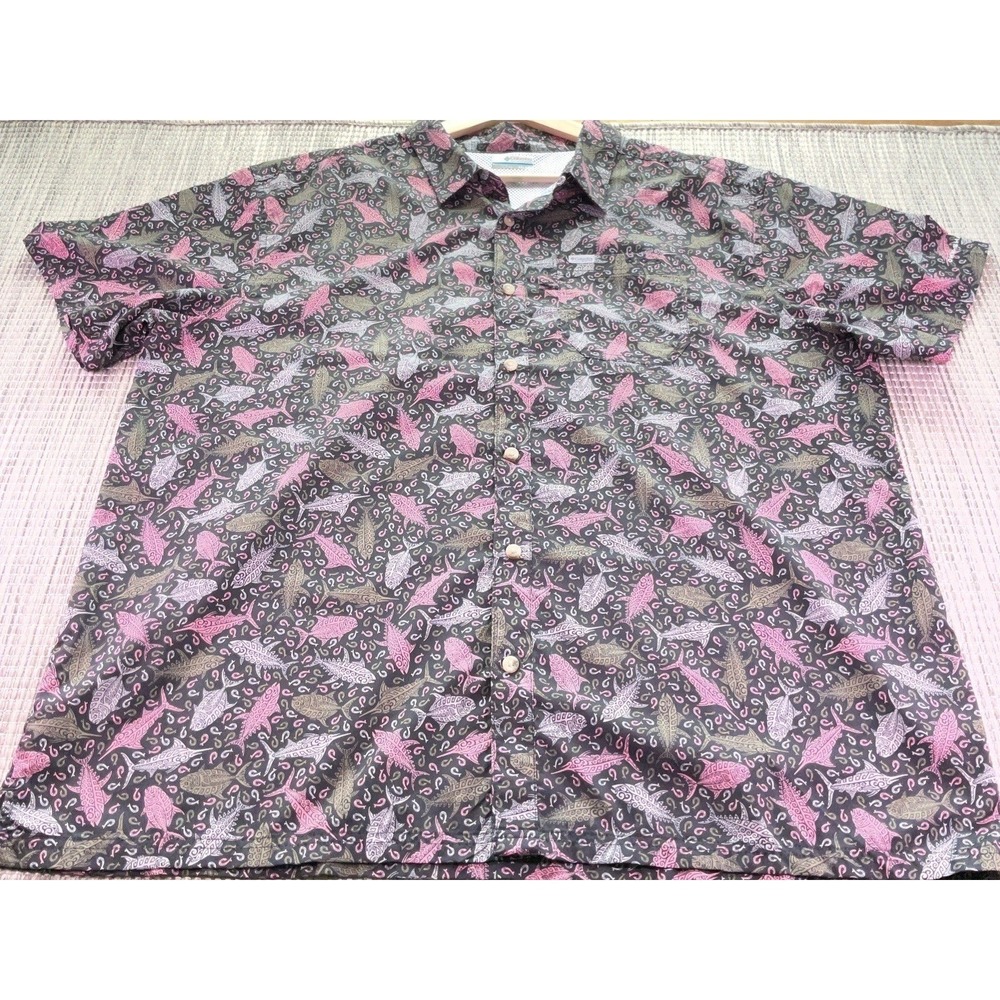 Columbia Mens XXL PFG Fishing Button Up Shirt Fish Graphic Black Pink FM1039